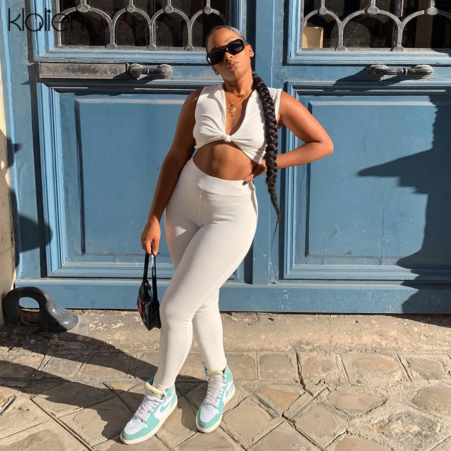Женский спортивный костюм из топа и брюк KL ALIEN летний однотонный эластичный