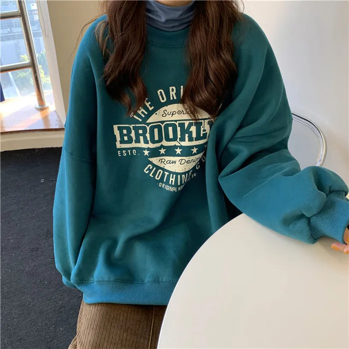 

Qooth 2021 Spring Sweatshirts Cotton Letter Medium Length Full Sleeve Coat O Neck Casual Woman Pullovers Student Tops QT413