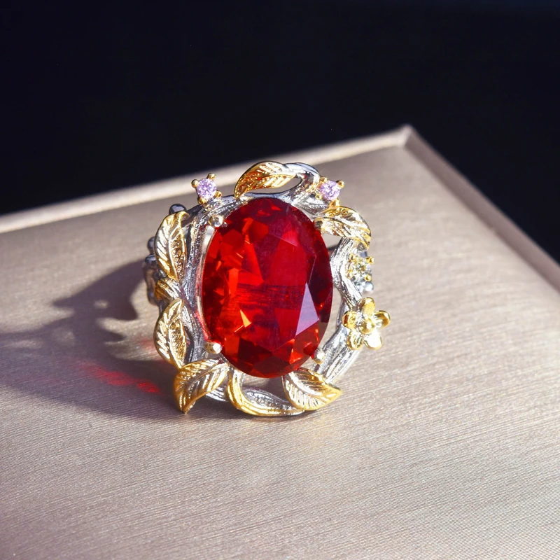 

Classic Exaggeration Ring Inlay Exceed Big Red Oval Cubic AAA Zirconia Two-Tone Geometry Jewelry For Women Wedding Bithday Gifts