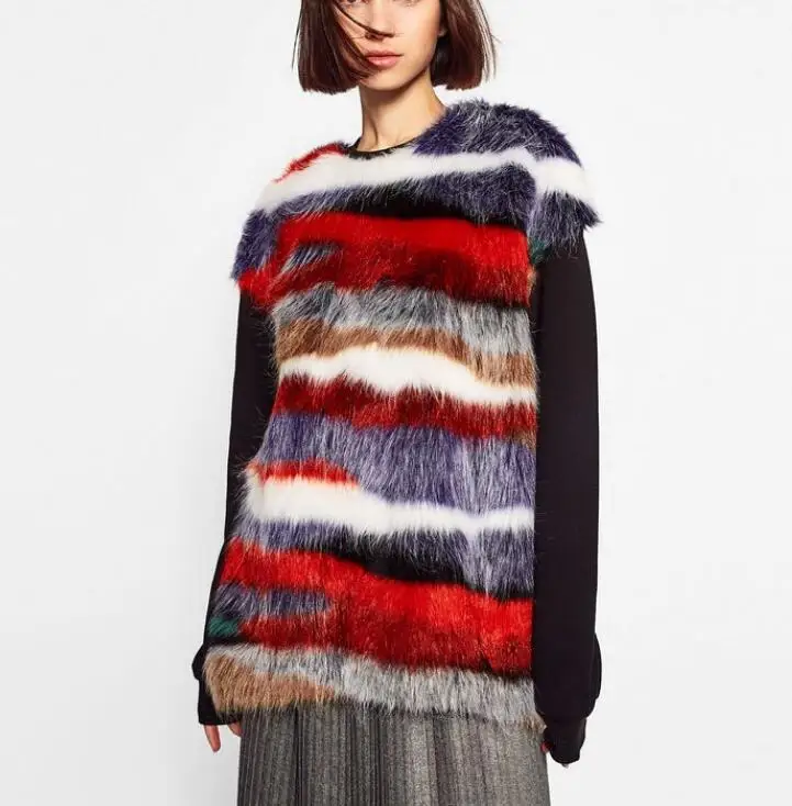 Женские Модные Разноцветные полосатые искусственные пуловеры свитер с мехом