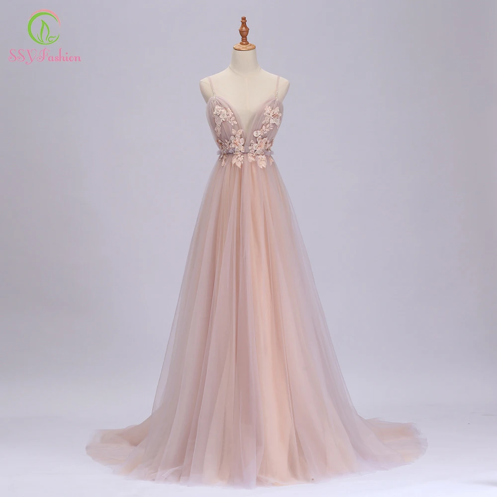 SSYFashion, новинка, платье для выпускного вечера, сексуальное, с глубоким v-образным вырезом, с открытой спиной, со шлейфом, Lllsuion, без рукавов, кружевное, с цветами, вечерние, вечерние, торжественные платья