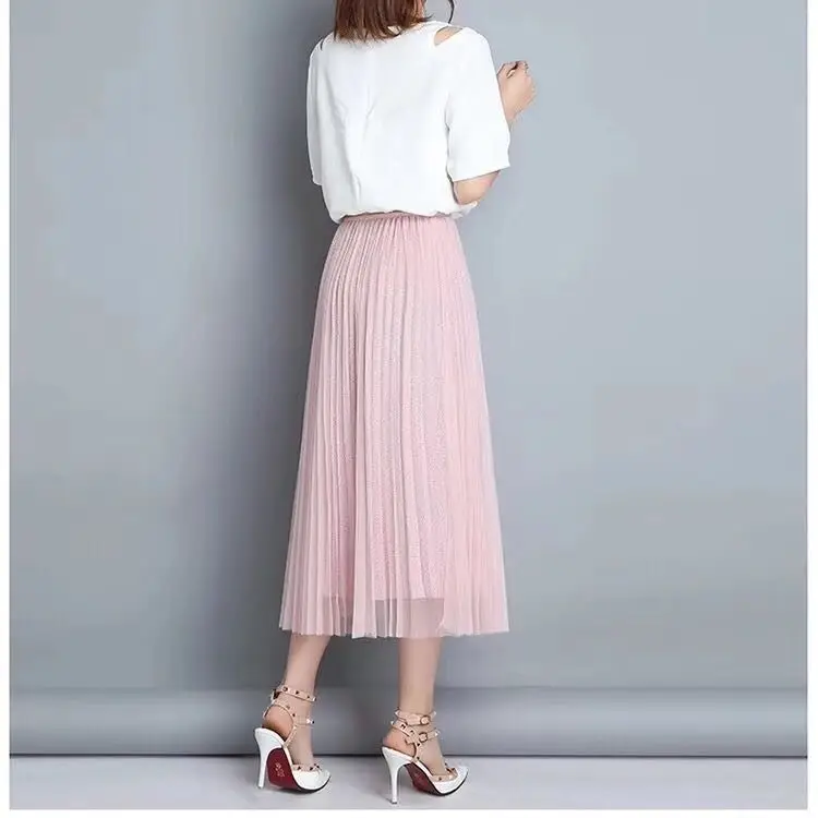 

2020 New Summer Women Sequined Mesh Pleated Skirts Female Soft Tulle Fashion Korean Style A-Line High Waist Mid-Calf Skirts Z47