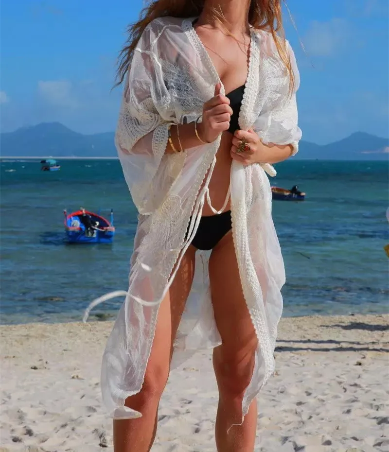 Сетчатый купальник с вышивкой купальный костюм накидка размера плюс белое парео