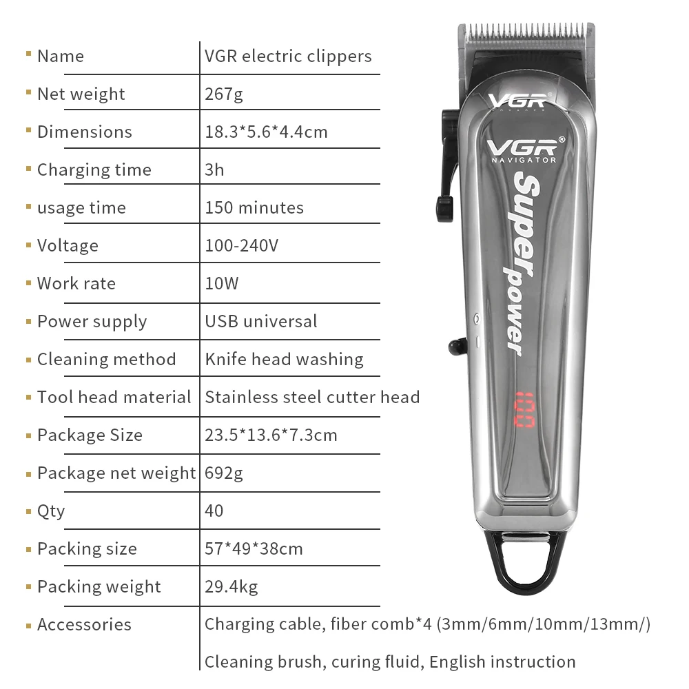

VGR Brand Professional Cordless Hair Clippers 6000rpm Men Home Electric Hair Trimmer High Power Hair Cutting Machine Washable