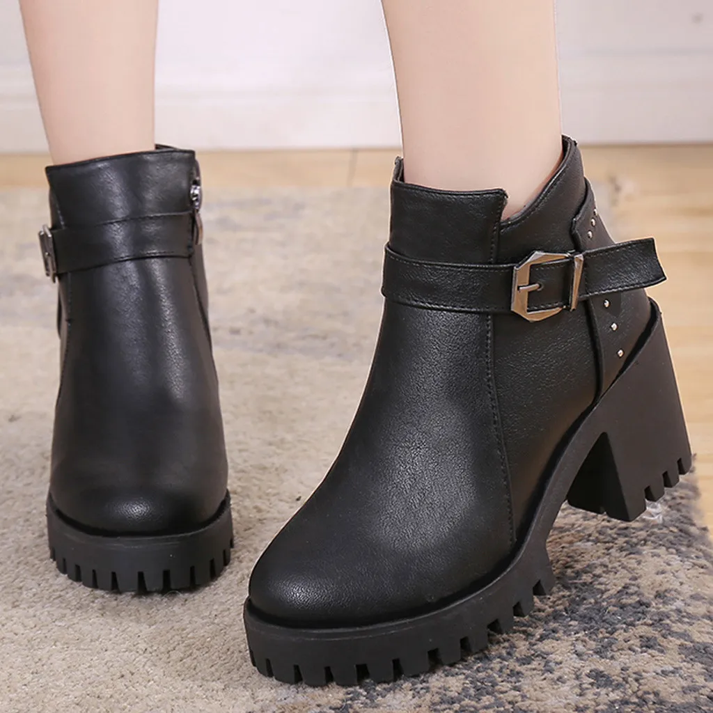 SAGACE Women Autumn Winter Ankle Boots Round Toe Heels Leather Booties Shoes Ladies Vintage Chunky | Обувь