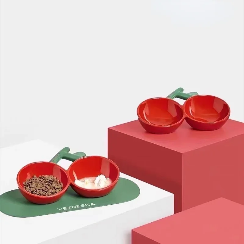 

Cute Cherry Bowl Cat Bowl Ceramic Double Bowl Protection Cervical Spine Anti-tipping Pet Creative Cool Cat Drinking Tableware