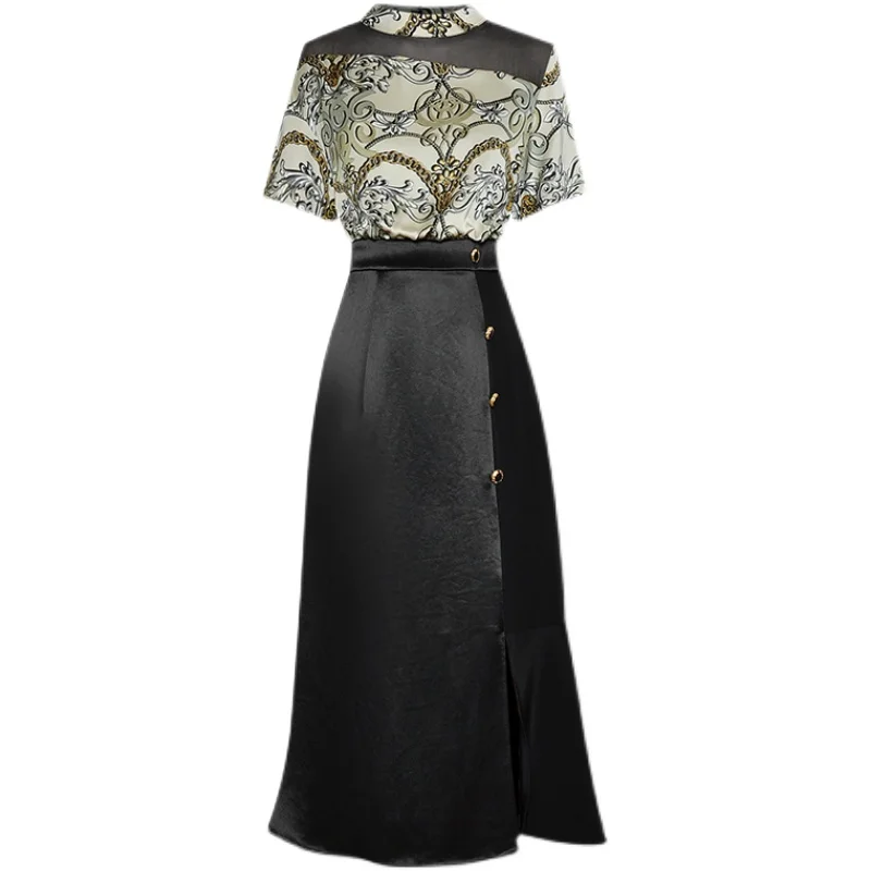 

Женское платье до середины икры, дизайнерское подиумное платье с коротким рукавом и принтом в стиле ретро, 2021