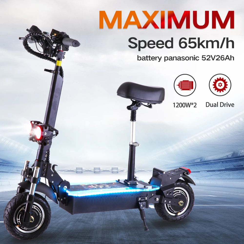 

Electric Scooter Adult,2400W Dual Moter drive e bike, Max Speed to 65km/h, with seat 10 inch tire bicycle panasonic battery
