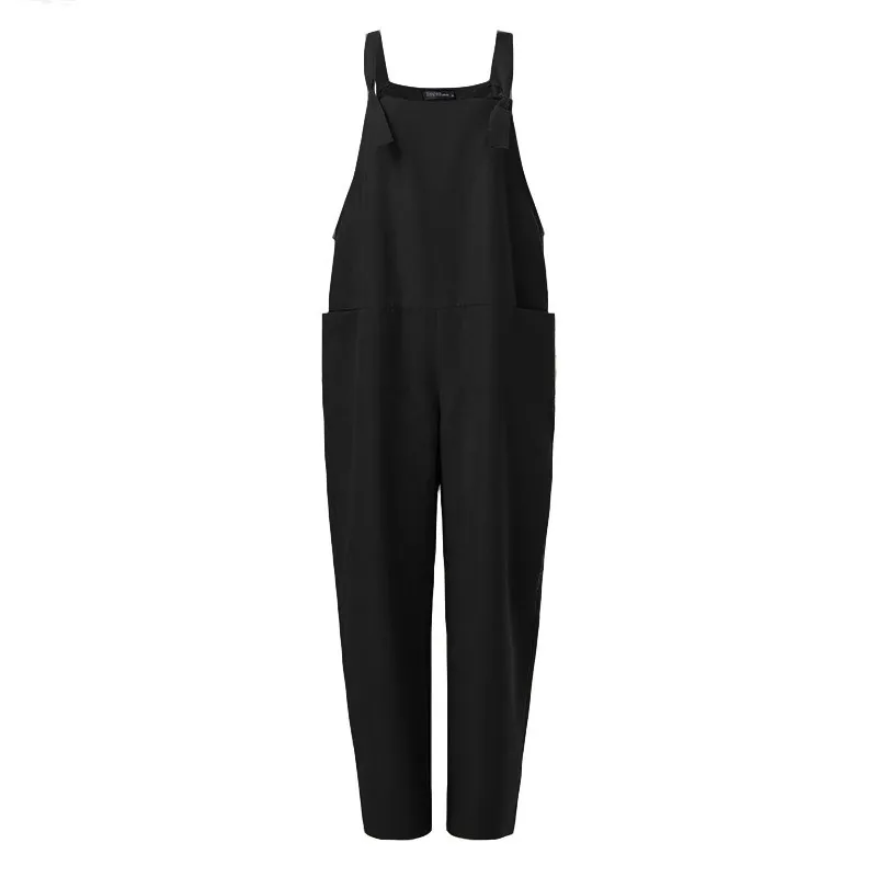 Jumpsuit women pure color suspenders casual loose trousers high waist large size jeans vintage fashion pants cotton linen fabric