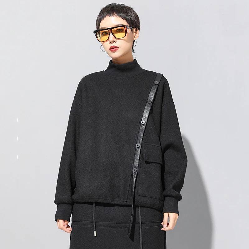 

[EAM] Loose Fit Black Button Split Joint Oversized Sweatshirt New Turtleneck Long Sleeve Women Big Size Fashion Tide Spring 2021