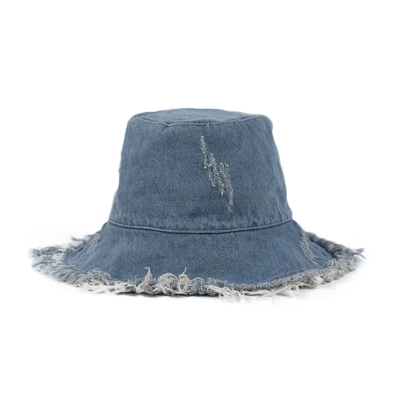 

Ins Unisex Denim Bucket Hats Men Women Vintage Ripped Large Brimmed Sun Protection Hat Street Fashion Vintage Caps Blue Black