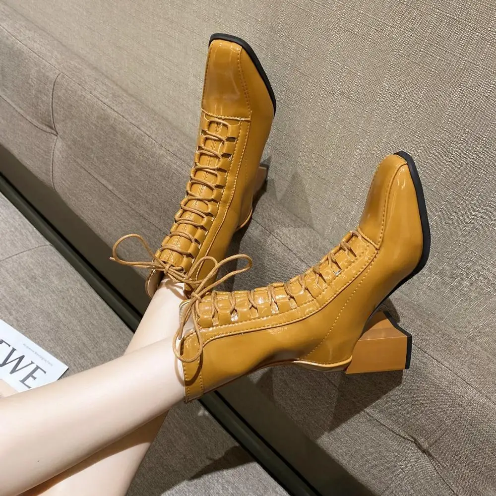 

Женские кожаные ботинки в стиле ретро, ботинки на высоком каблуке, с квадратным носком, на шнуровке, ботинки-мартинсы до середины икры, с мол...