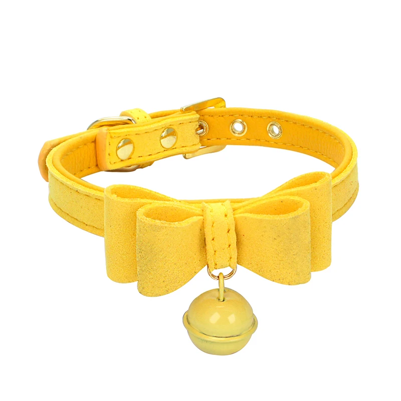 

Suede And PU Fabric Pet Dog Cat Collars Dumb Face Personalized Dogs Collar Leather Bell Bowknot Comfortable Soft Cat Neck Strap