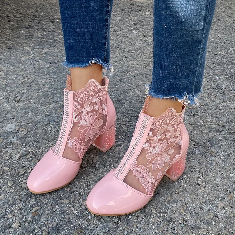 Women's Shoes New Woman 2021 Mesh Black Ankle Boots for Women Summer Square Heels Boots Sandal Ladies Round Toe Lace Boots