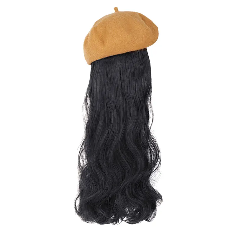 

Black / Brown Wavy Curly Long Synthetic Hair Wigs for Women with Beret Naturally Connect False Hair Girl Party Hat Wig