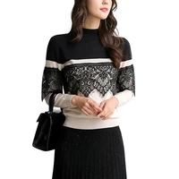 new retro pullover sweater for women slim autumn winter black white lace floral stitching o neck long sleeve fine knit jumpers