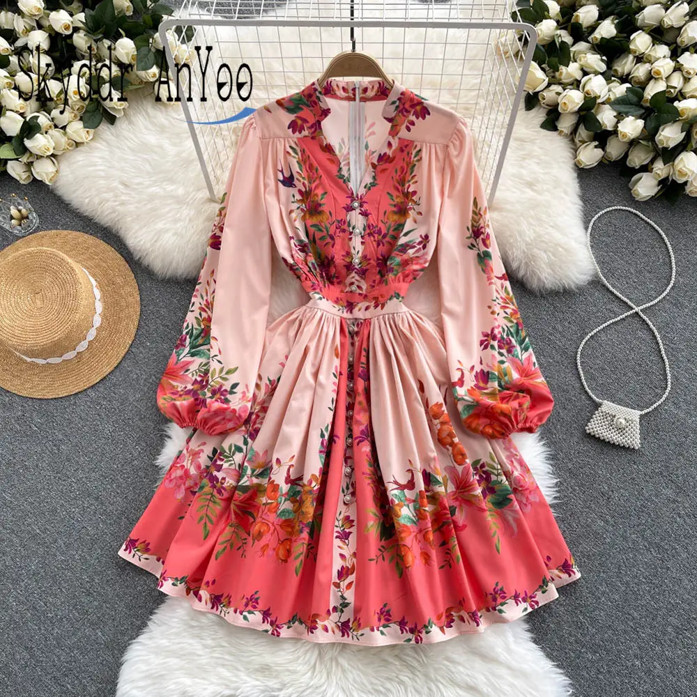 

Autumn Dresses For Women V-Neck Long Sleeve Vintage Dress Slim Slort Woman Elegant Dresses Ladies Veatidos