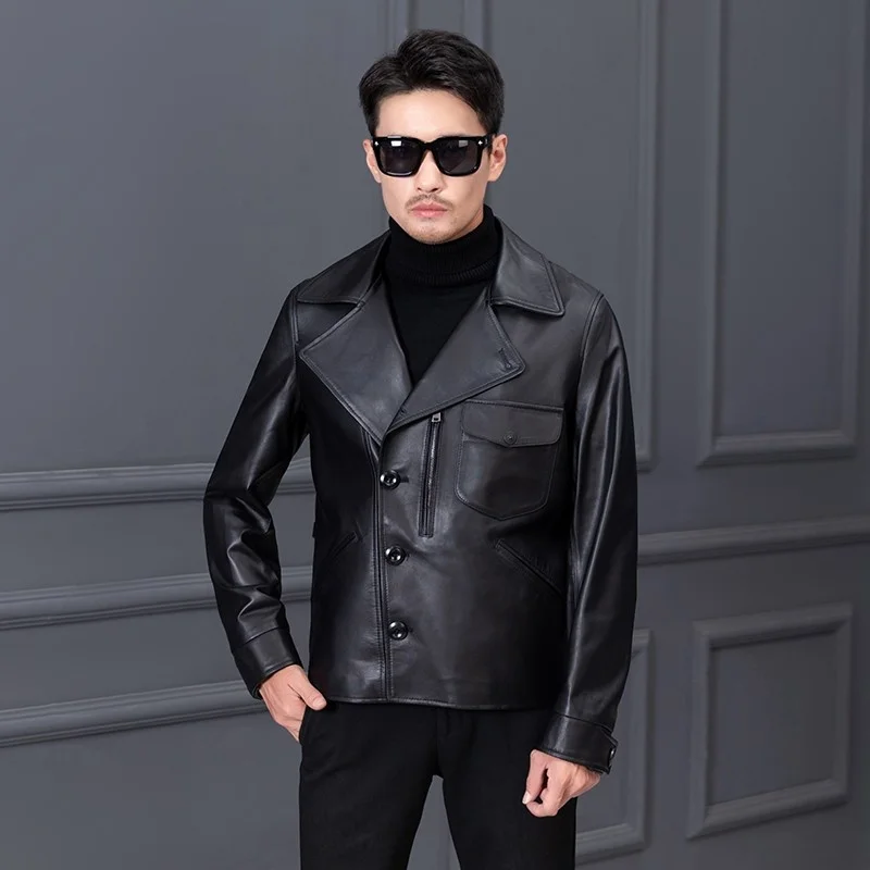 

Genuine leather jacket with buttons, short spring jacket for motorcyclists