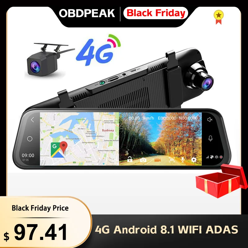 Видеорегистратор OBDPEAK авто зеркало заднего вида с 4G Android 8 1 Wi-Fi ADAS ОЗУ 2 ГБ + ПЗУ 16 GPS