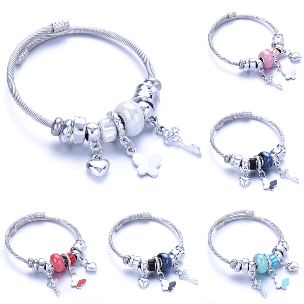 Очаровательный женский браслет серебряного цвета цепочка с цветными бабочками и