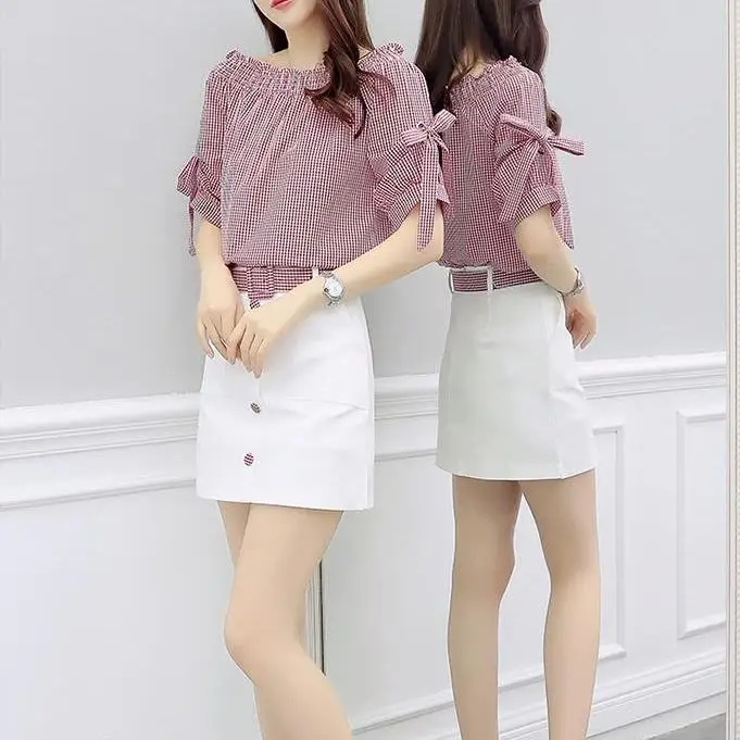 

Summer women's one-shoulder plaid two-piece short skirt
