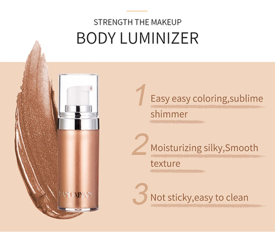 HANDAIYAN Shimmer Body Highlighter Cream Face Illuminator Makeup Liquid Bronzer Brighten Highlighter Metallic Rose Gold Cosmetic