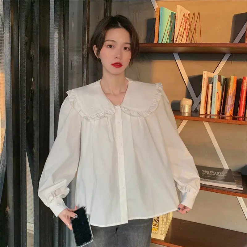 

Shirts Women Ruffles Korean Preppy Style Sweet Chic Spring Solid Casual Cozy Simple All-match Mujer Ropa Retro Female Clothing