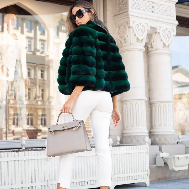 FURSARCAR  Customize Chinchilla Color Natural Fur Coat Women Real Rex Rabbit Fur Jacket Luxury Slim High Street Style Overcoat