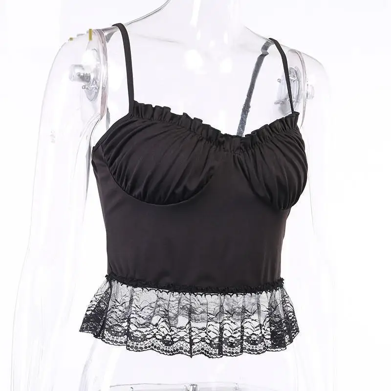 

Summer Women Ruffles Spaghetti Strap Crop Tops Patchwork Lace Sleeveless Camisole Vintage Slim Ruched Cropped Tops