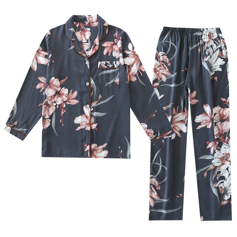 New Summer Women Pajamas Set Cotton Silk Long Sleeve Trousers Sleepwear Ladies Fresh Fashion Thin Comfortable Loose Home Wear