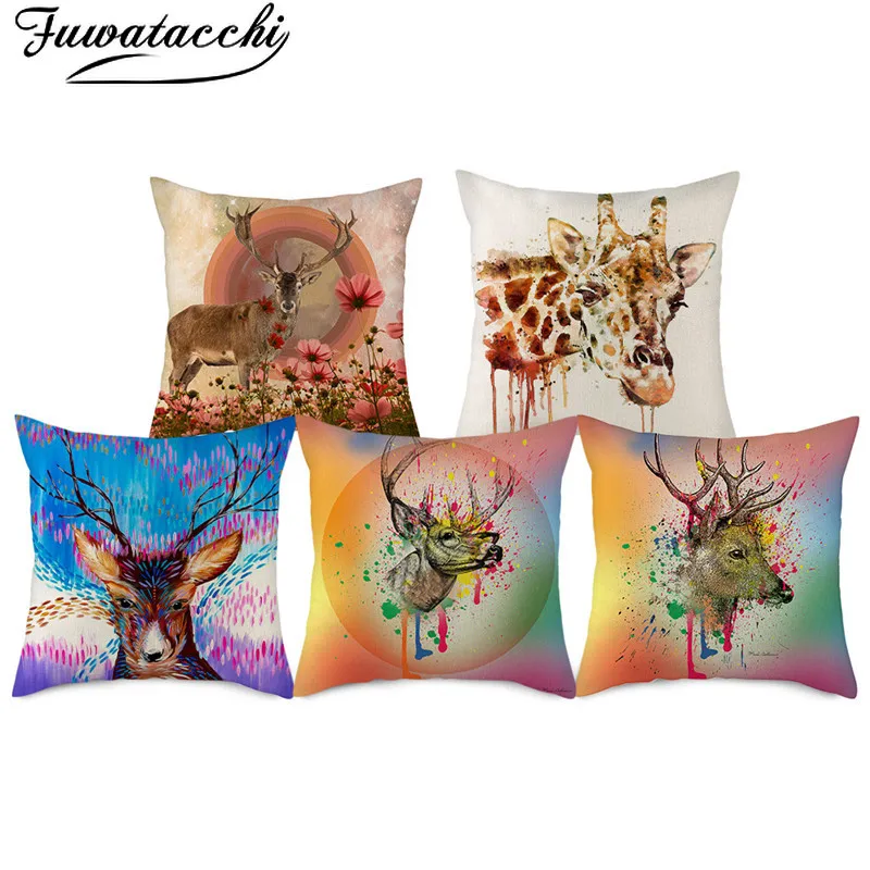 Fuwatacchi Pure Linen Giraffe Printed Cushion Cover Sika Deer Animal Photo Pillow for Home Car Sofa Decorative Pillowcases | Дом и сад