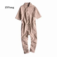 zyyong summer lapel short sleeve mens jumpsuit loose hip hop style streetwear mens overalls casual comfortable mens pants