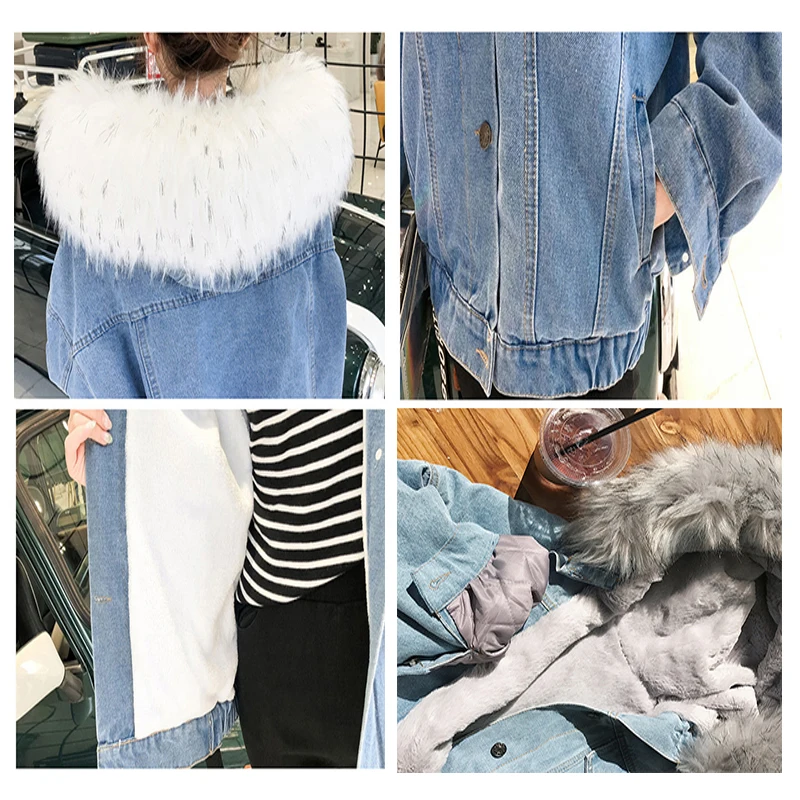 

Women's Denim Jacket Jeans Hooded Velvet Coat Warm Women's Winter Motorcycle Velvet Jacket Female Faux Fur Collar Padded Bomber