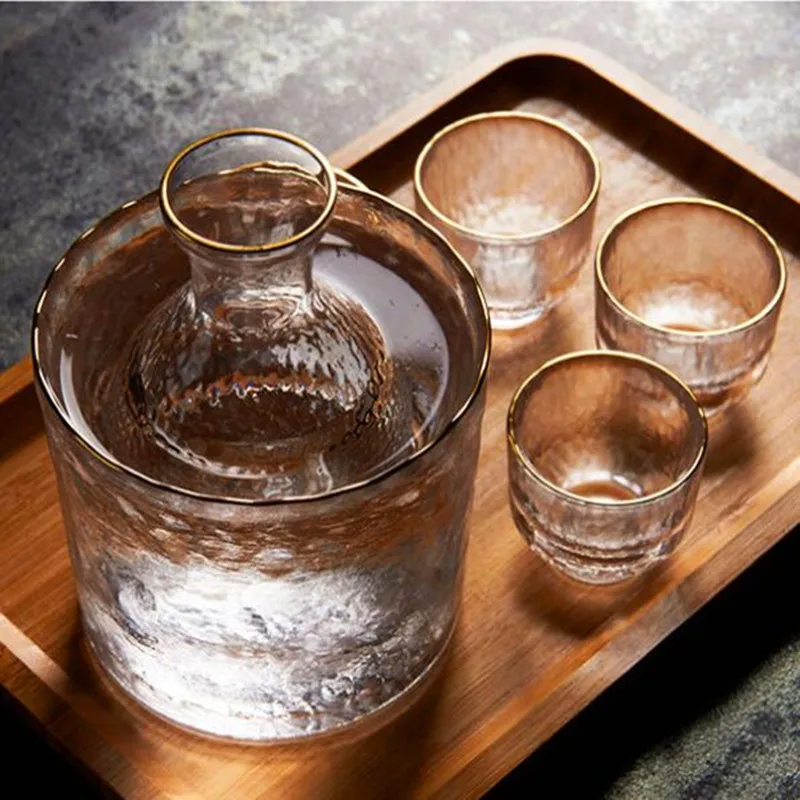 Японский Саке горшок набор золотой край стеклянная бутылка для сакэ рисовое вино