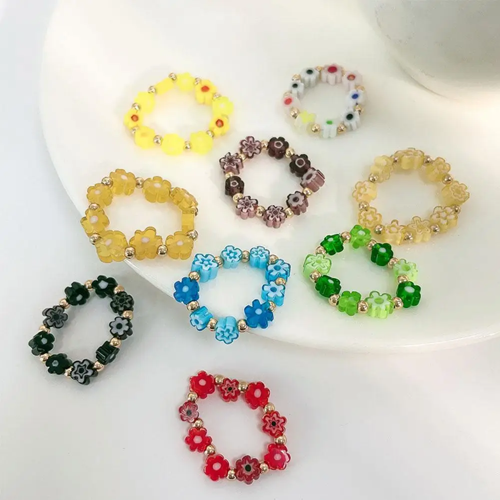 

Korea Vintage Colorful Flowers Beaded Elastic Ring Acrylic For Women Cute Beaded Fashion Flower Round Rings Small I3W6