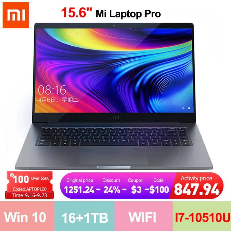 Новый ноутбук Xiaomi Mi 15 6-дюймовый Pro 2020 MX350 Intel Core I7-10510U Windows 10 16 ГБ DDR4 RAM 1 ТБ SSD Ноутбуки