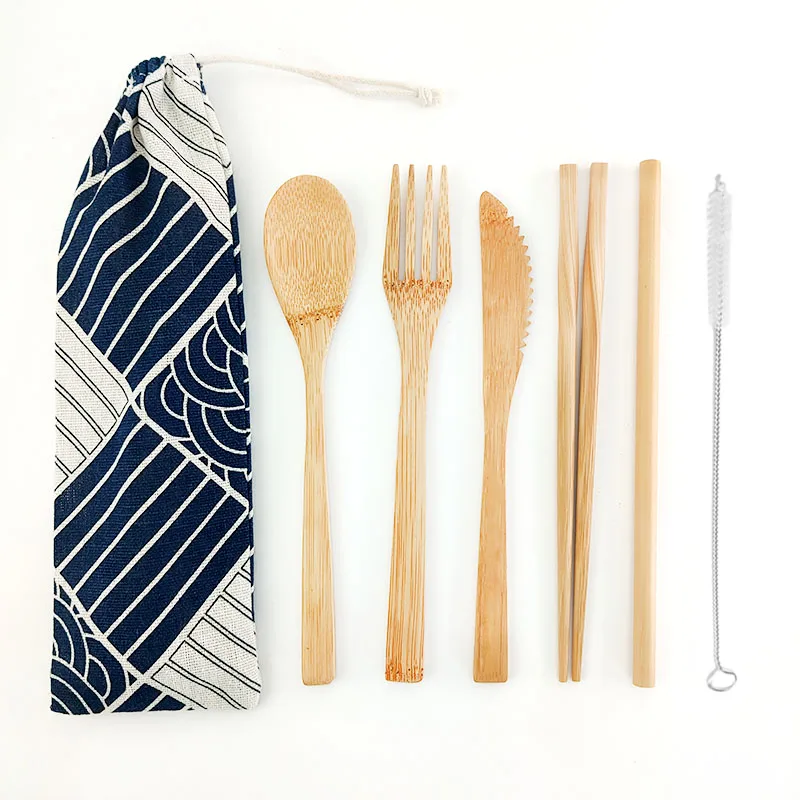 

6PCS Bamboo Cutlery Set Portable Eco Friendly Flatware Set Knife Fork Spoon Reusable Straws Chopsticks Bamboo Travel Utensils