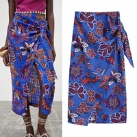 traf women za blue wrap skirt woman sarong beach floral long skirt women elegant high waist midi skirts knot slit summer skirt