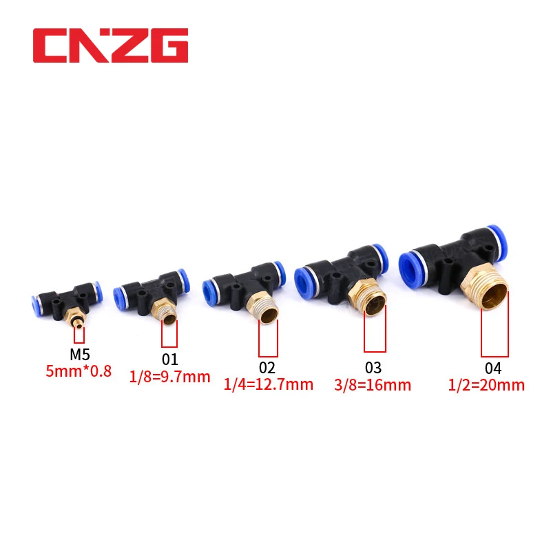 Air Connector Fitting T Shape 6mm 8mm 10mm 12mm 4mm Hose Pipe to 1/8&quot 1/4&quot M5 3/8&quot 1/2&quot BSPT Male Thread Pneumatic Coupler GOLD |
