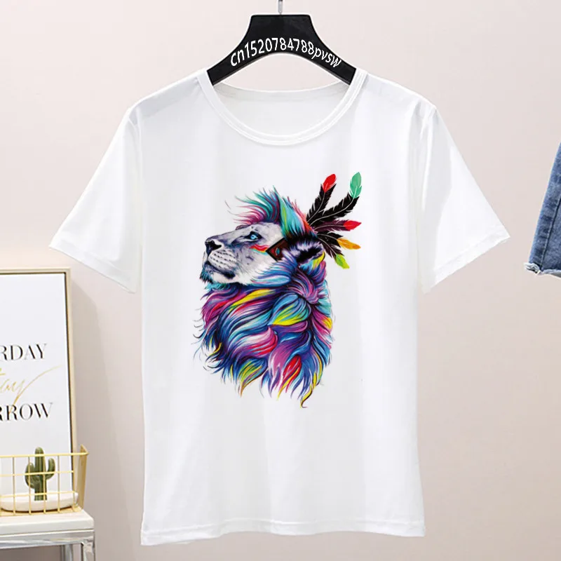 

2020 Women's Wolf Unicorn Tiger Feather T-Shirt Female Funny Pink T-Shirt Girl Casual Animal Tshirt Streetwear Drop Shipping