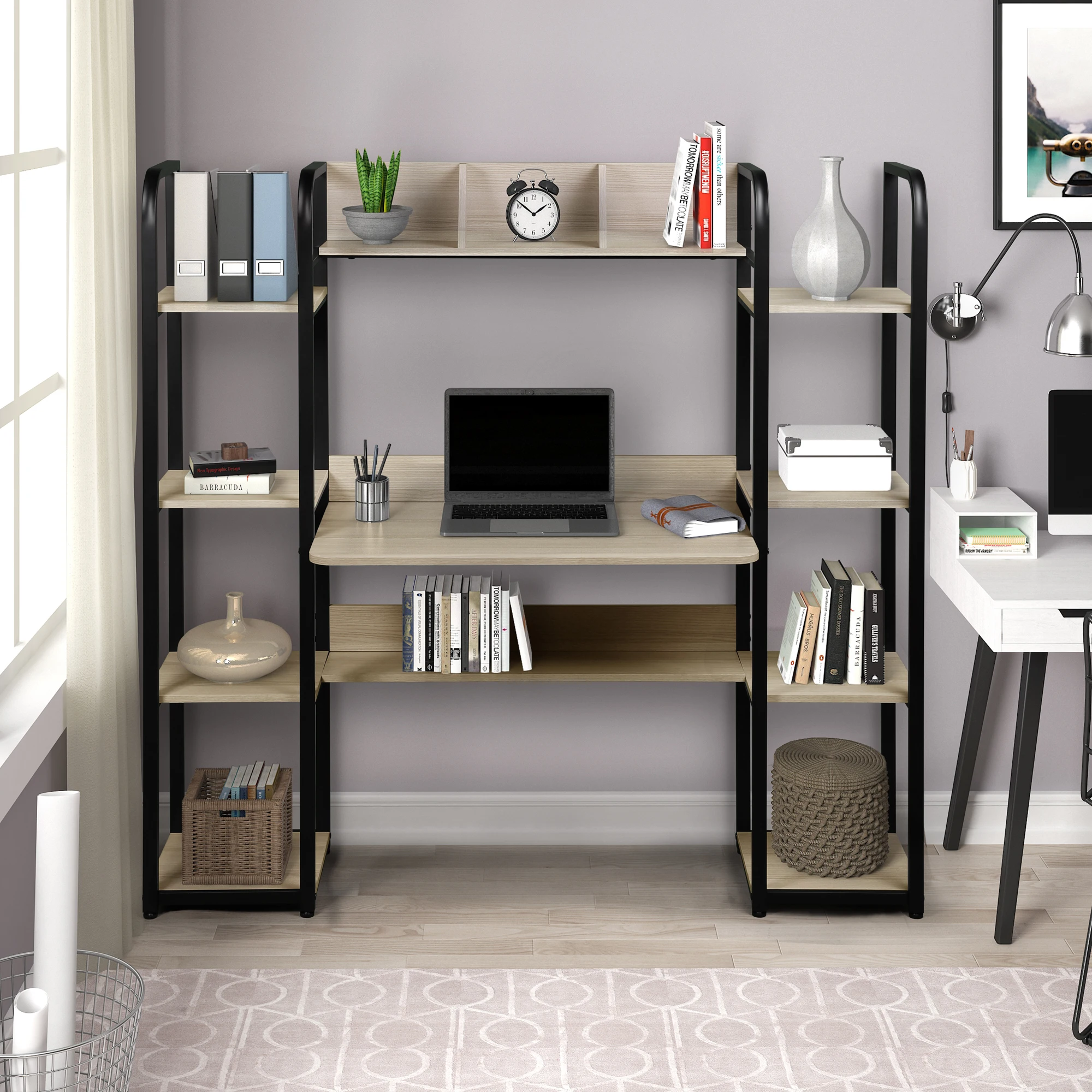 

63in Steel Frame Wood Color Heavy Duty Home Office Workstation Study Desk with Bookshelves and Side Storage