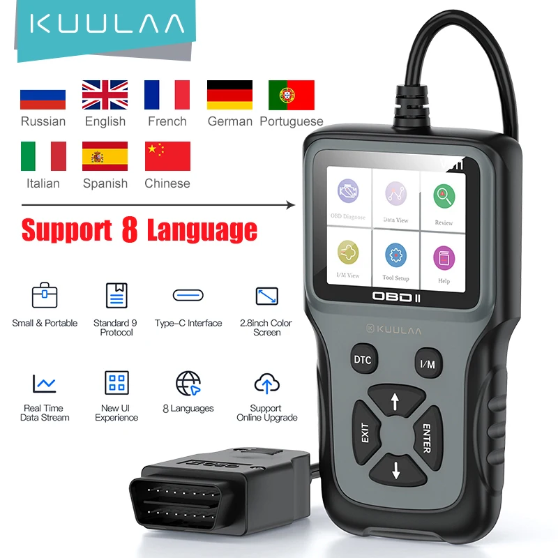 

Автомобильный сканер KUULAA OBD2, диагностический инструмент, считыватель кодов двигателя OBD 2, 8 языков