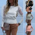 Женская прозрачная блузка с пышными рукавами Modis, сетчатый пуловер с жемчугом и длинным рукавом, женские топы, повседневные облегающие Женские рубашки для фитнеса, блузка