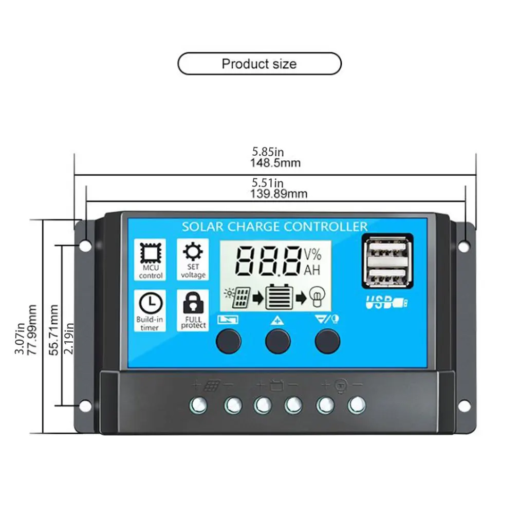

60A/50A/40A/30A/20A/10A 12V 24V Auto Solar Charge Controller PWM Controllers LCD Dual USB 5V Output Solar Panel PV Regulator