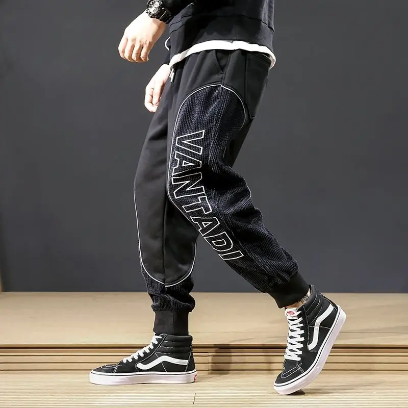 

Winter Corduroy Patchwork Casual Pants Men's Loose Ankle Tied Harem Thick Trousers Men's Sweatpants Letter Printed Cargo Pants