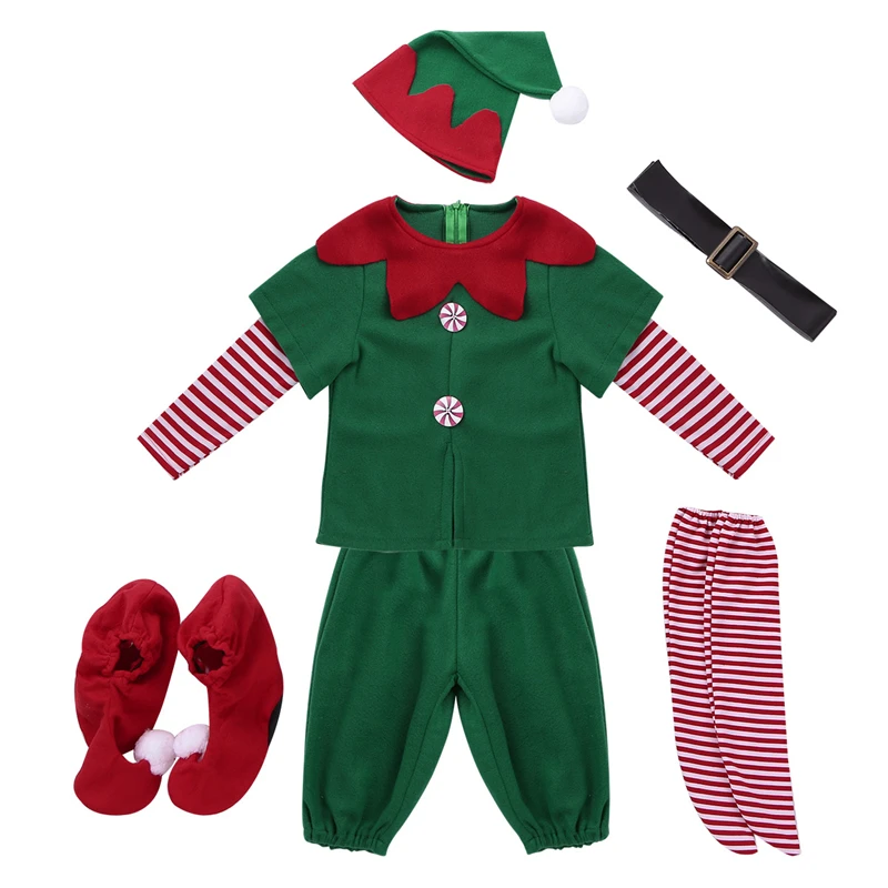 

2020 Green Elf Kids Warm Christmas Costume Santa Clause Clothes for Girls Boys New Year Chilren's Fancy Dress Party Clothing Set