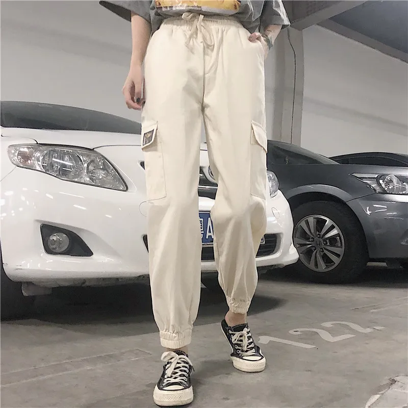 

Cotton High Waist Cargo Pants Spring Pink Khaki Black Female Trousers