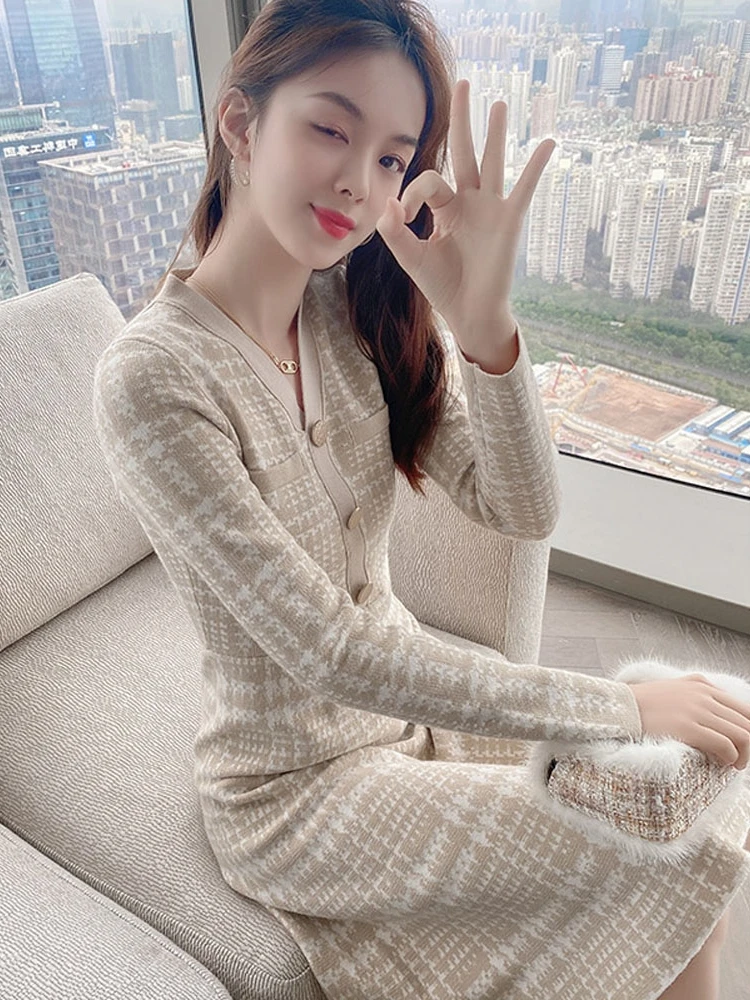 

Spring Sexy Plaid Women Sweater Dress Vintage Button Elegant Ladies Dresses Korean Evening Long Sleeve V-neck Party Vestidos