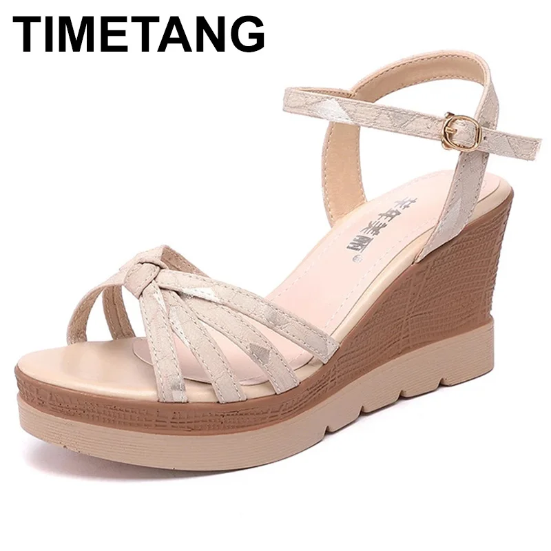 

TIMETANG Wedges Heel High Heel Sandals Women Summer New Thick Bottom Platform Large Size 41 42 43 Peep Toe Green Sandals