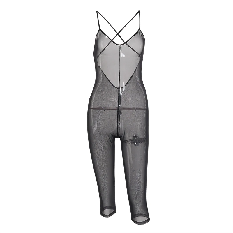 

Cryptographic Black Mesh Sexy Backless Sheer Playsuits Romper Party Club Sleeveless Jumpsuits Fashion Outfits Female Playsuit